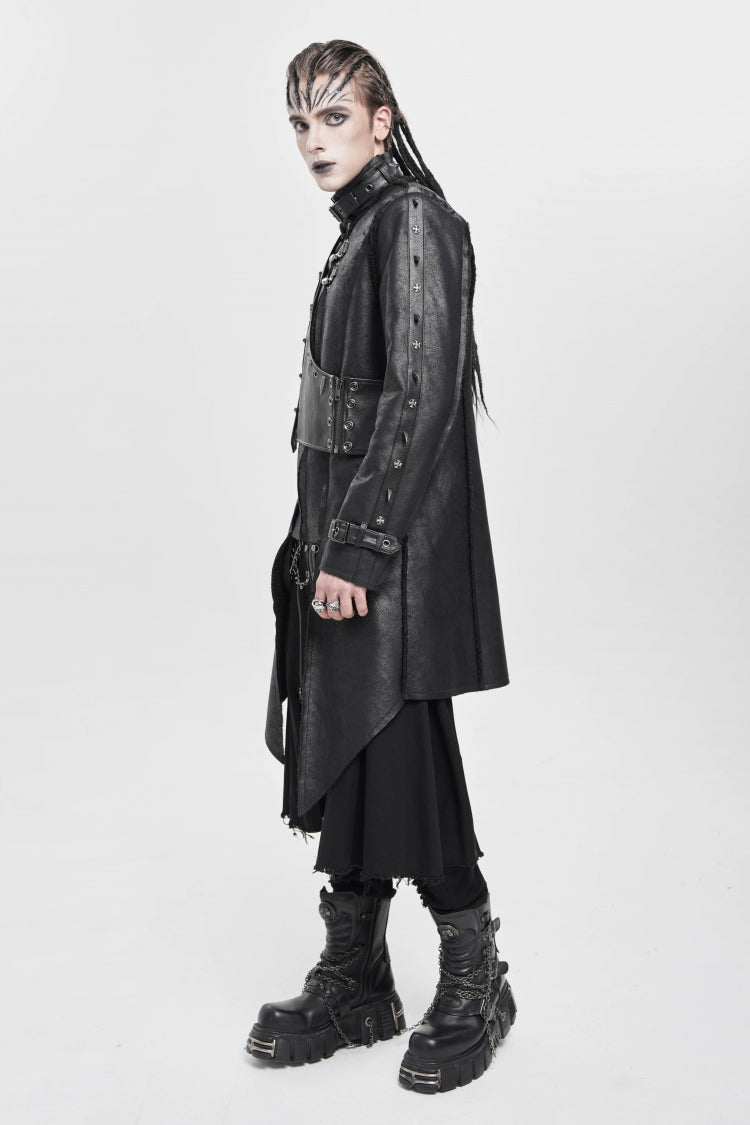 Black Stand Collar Rivet Buckle Zipper Men's Punk Coat - Product - 7