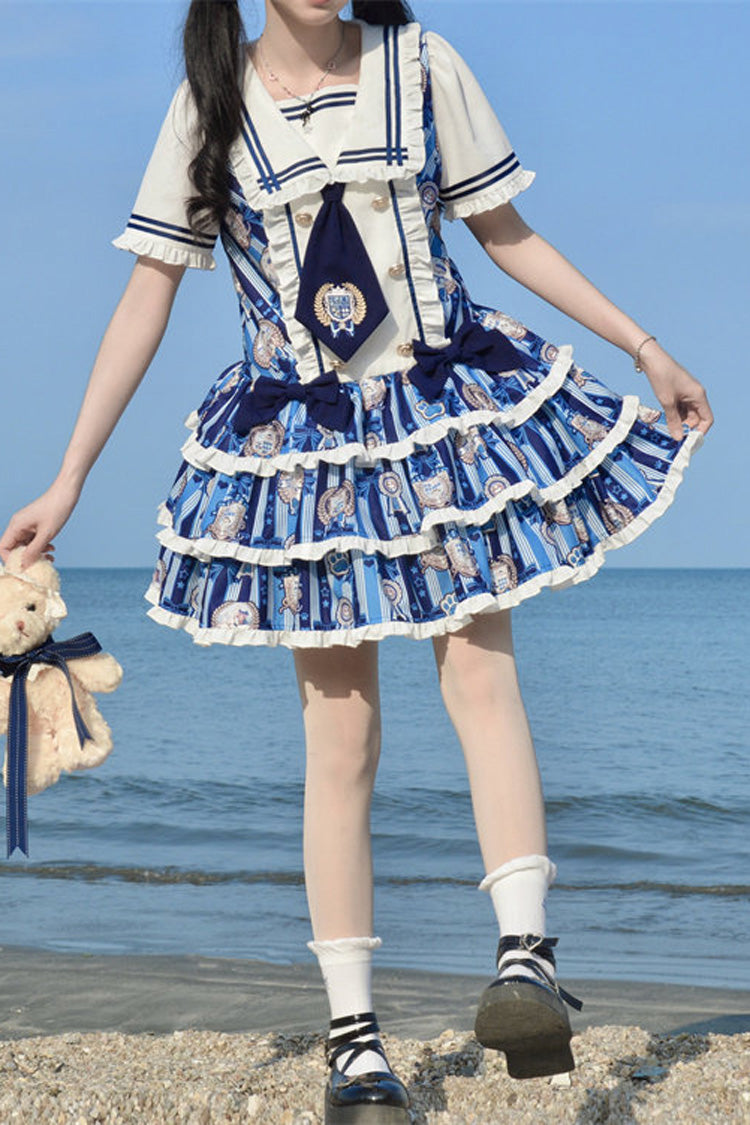 Blue [Glory of the Dog] Navy Collar Short Sleeves Low Waisted Triple-Layered Printed Ruffled Bow Sweet Lolita Dress - Product - 11