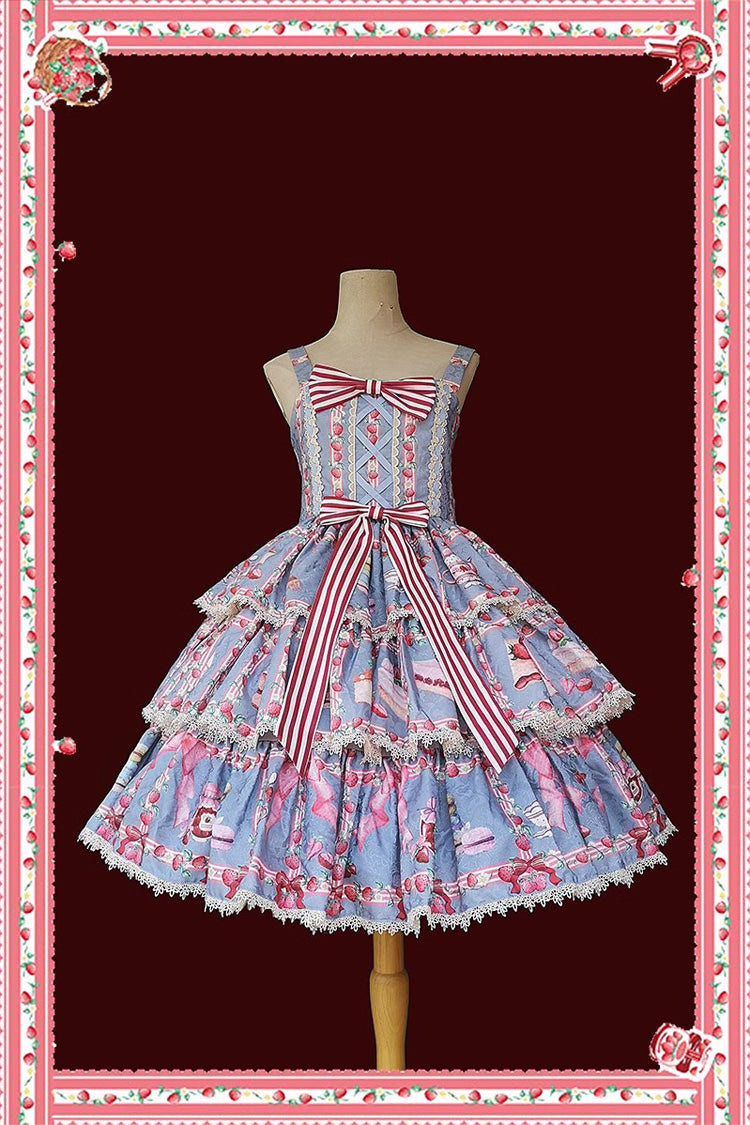 Strawberry Afternoon Tea Cake Ice Cream Print Bowknot Sleeveless Sweet Lolita Tiered Dress 3 Colors - Product - 11