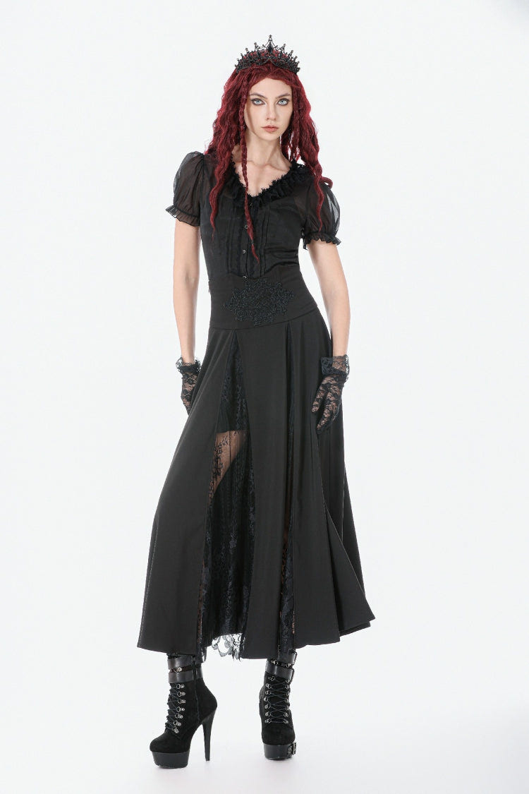 Black High Waisted Floral Printed Lace Mesh Women's Gothic Elegant Long Skirt - Product - 9