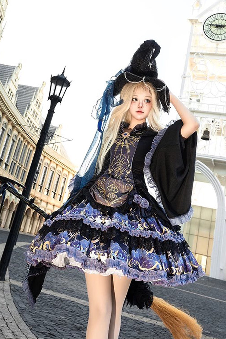 Black [Astrology Cat] Long Sleeves Double-Layered Print Ruffle Lace Gothic Lolita Dress - Product - 2