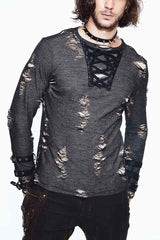 Black Long Sleeves Broken Holes Chest Lace Up Loop Cuff Men's Punk Shirt - Product - 1