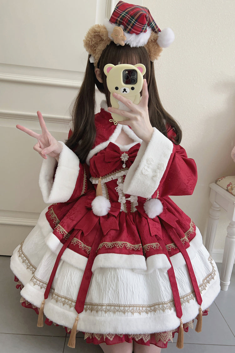 Red [Snow Rabbit] Long Sleeves Ruffle Bowknot Fake Two Pieces Sweet Lolita Dress - Product - 6