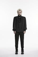 Black Stand Collar Long Lantern Sleeves Jacquard Embroidered  Men's Gothic Palace Shirt with Detachable Tie - Product - 2