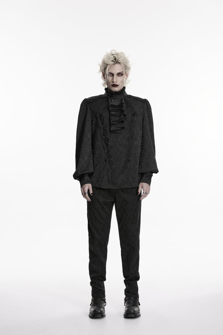 Black Stand Collar Long Lantern Sleeves Jacquard Embroidered  Men's Gothic Palace Shirt with Detachable Tie - Product - 2