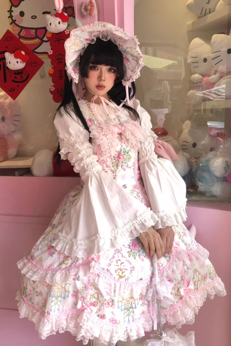 White/Pink Sleeveless Flower Wall Print Ruffle Bowknot Lace Sweet Lolita Jsk Dress - White/Pink - 1