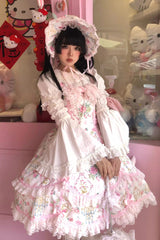 White/Pink Sleeveless Flower Wall Print Ruffle Bowknot Lace Sweet Lolita Jsk Dress - White/Pink - 1