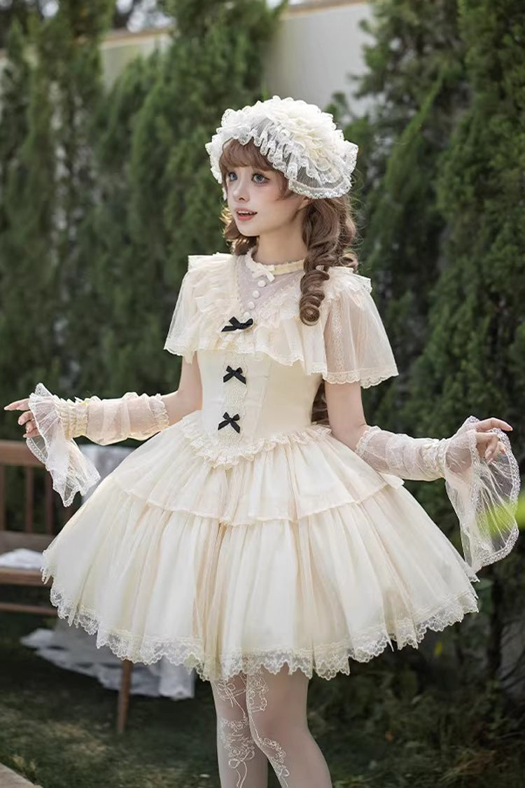 Ivory [The Oath of White Mist] Edwardian Collar Long Sleeves Multi-Layered Ruffled Bow Lace Fishbone Sweet Lolita Dress 2 Versions - Product - 14