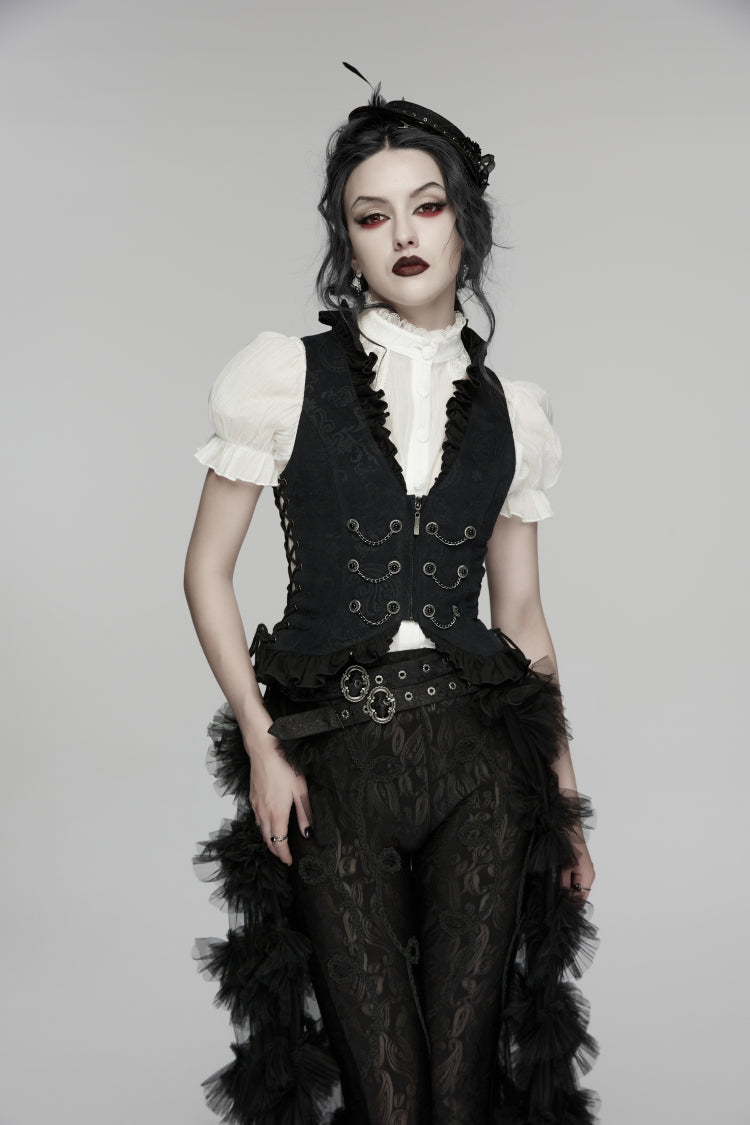 Black Jacquard Lace Lace-Up Slim Pleated Women's Gothic Palace Vest - Product - 6
