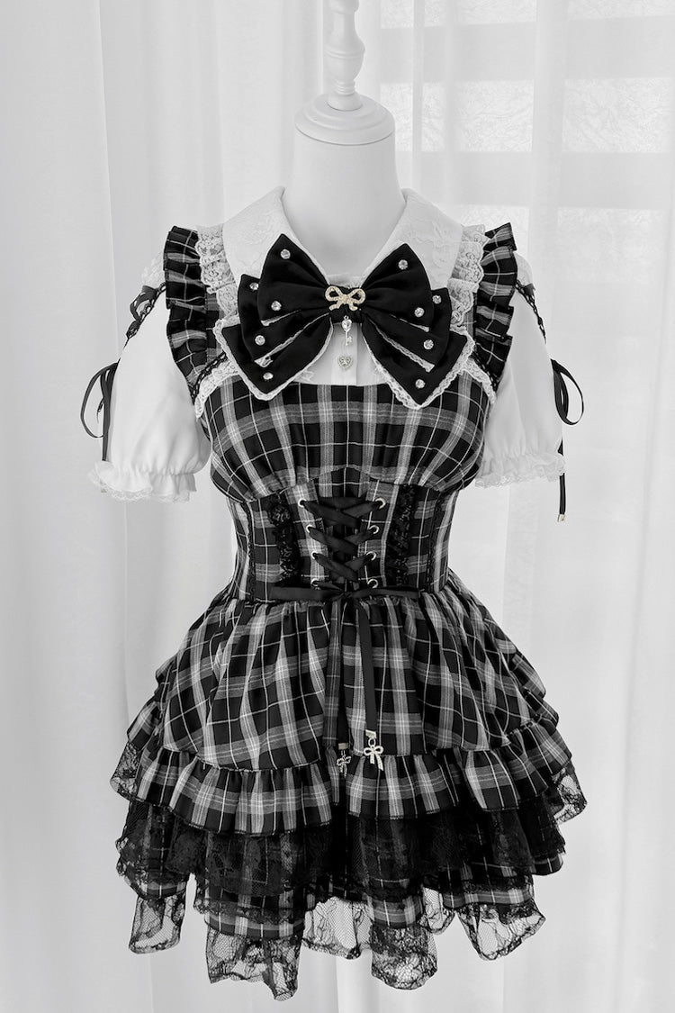 [Heart Key Treasure Box] Lapel Collar Short Sleeves Printed Ruffled Bow Lace-Up Japanese Jirai Kei Dress Shorts Set 3 Colors - Product - 3