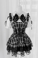 [Heart Key Treasure Box] Lapel Collar Short Sleeves Printed Ruffled Bow Lace-Up Japanese Jirai Kei Dress Shorts Set 3 Colors - Product - 3