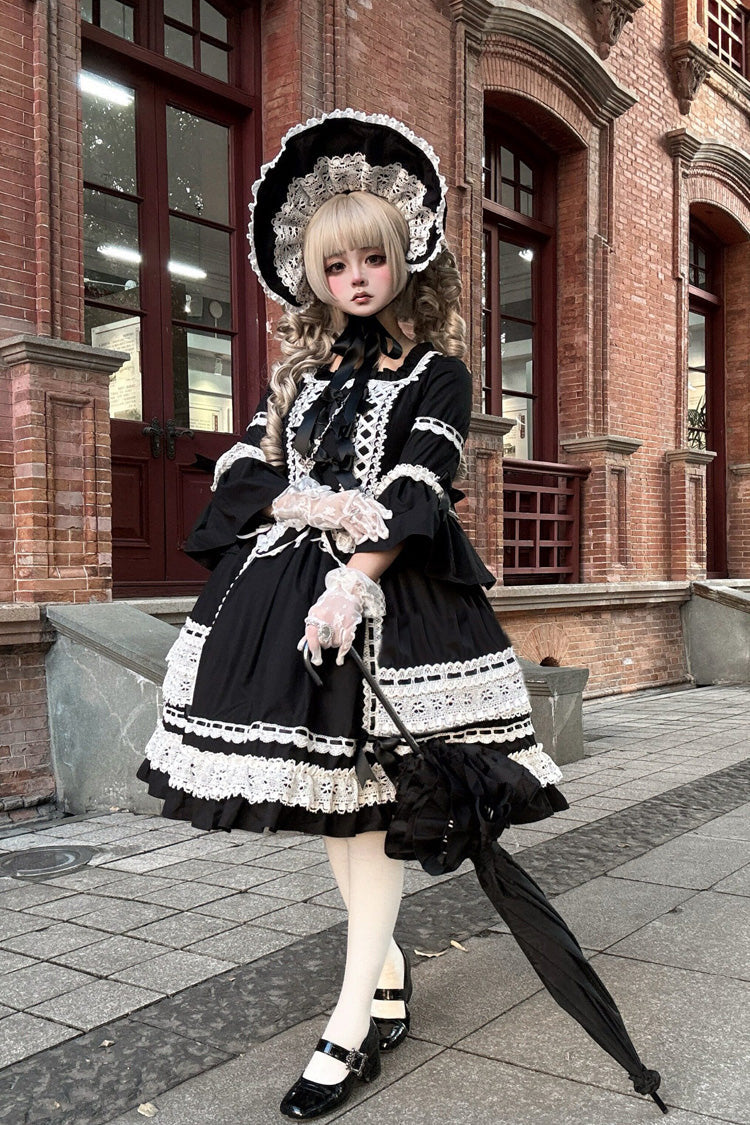 Black Square Collar Long Trumpet Sleeves Bow Lace Lace-Up Gothic Lolita Dress - Product - 8