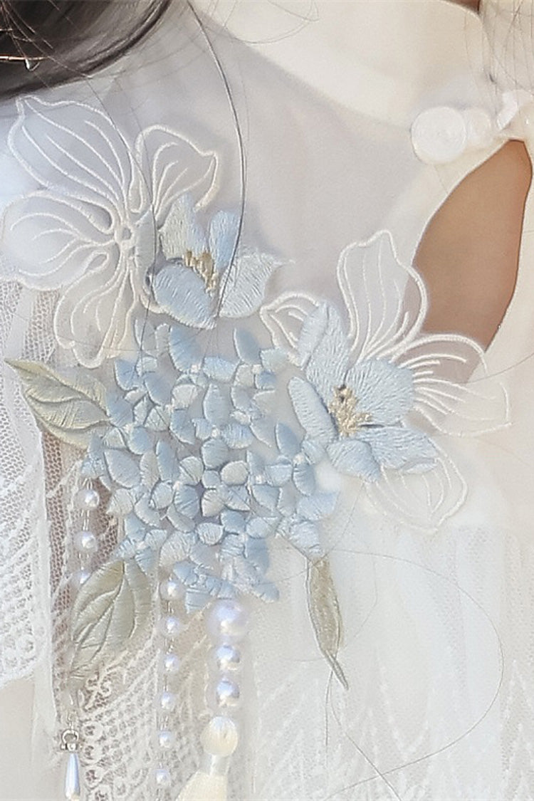 White [Hydrangea Message] Short Sleeves Print Ruffle Lace Sweet Chinese Style Elegant Lolita Dress - Product - 15