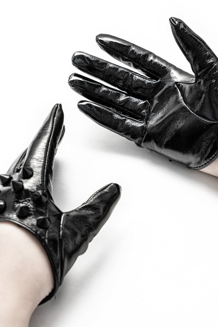 Black Leather Rivets Women's Steampunk Gloves - Product - 2