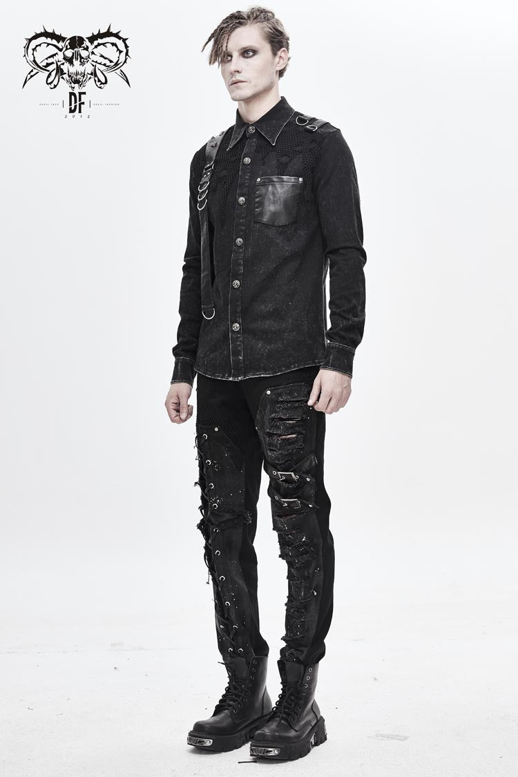 Black Asymmetric Left Shoulder Loop Mesh Rivet Snap Button Men's Punk Shirt - Product - 5