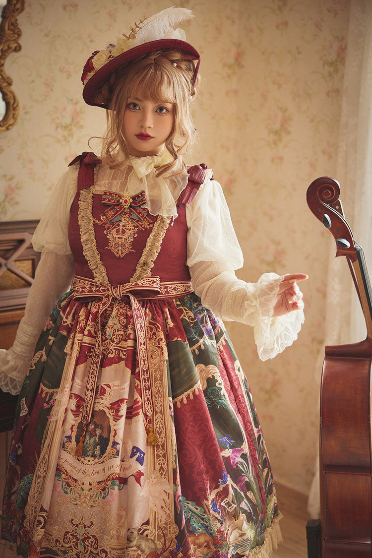 Red [Kaleidoscope of Dreams] Sleeveless Double-Layered Print Embroidery Bowknot Classic Vintage Gorgeous Lolita Jsk Dress - Product - 17