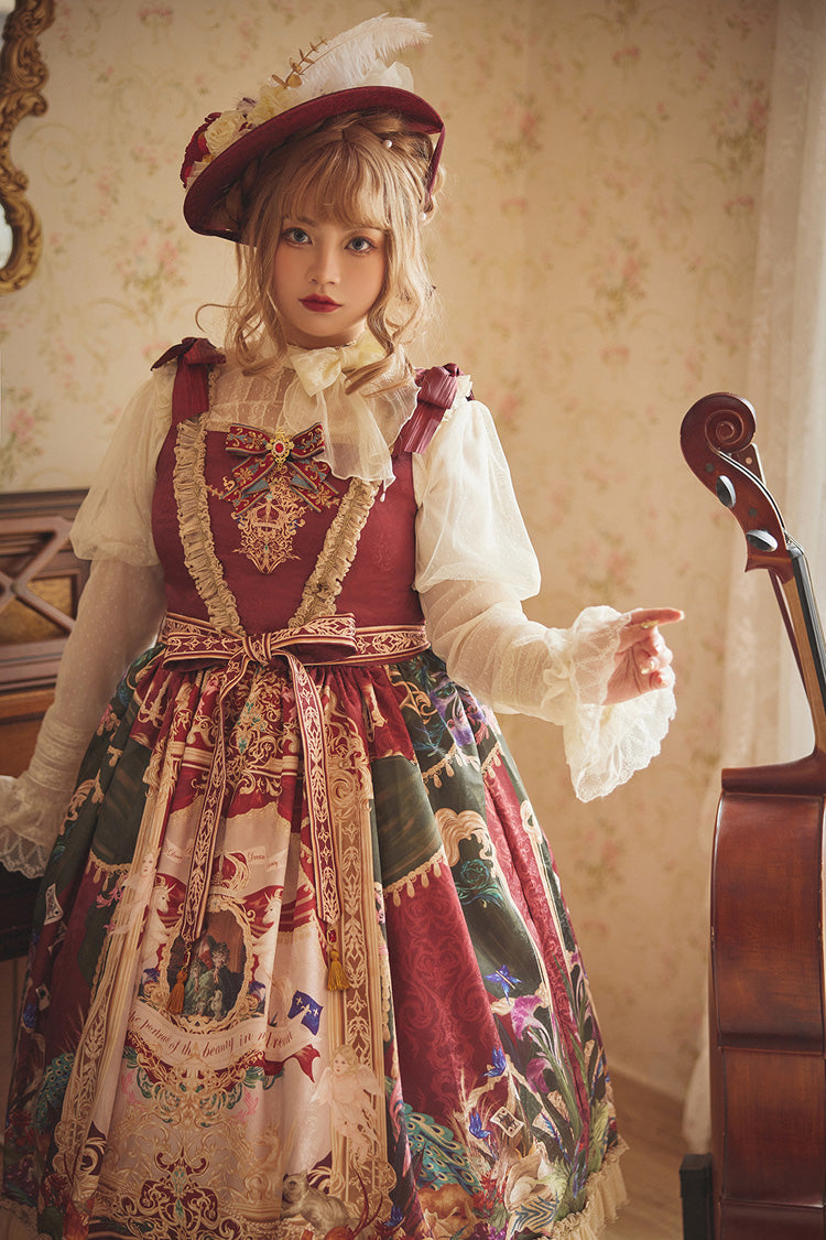 Red [Kaleidoscope of Dreams] Sleeveless Double-Layered Print Embroidery Bowknot Classic Vintage Gorgeous Lolita Jsk Dress - Product - 17