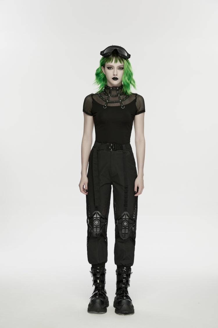Black Stand Collar Short Sleeves Zippered Women's Punk Rivets&Eyelets T-Shirt - Product - 8