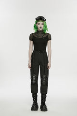 Black Stand Collar Short Sleeves Zippered Women's Punk Rivets&Eyelets T-Shirt - Product - 8