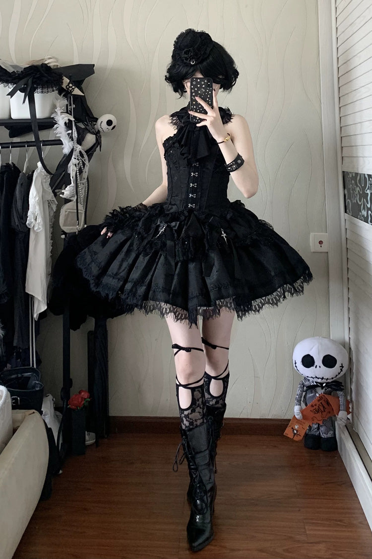 Black [Silver Moon Thorn] Off Shoulder Sleeveless Jacquard Ruffled Bow Patchwork Lace Gothic Lolita Skirt Two-piece Set - Product - 12