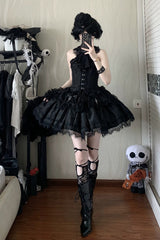 Black [Silver Moon Thorn] Off Shoulder Sleeveless Jacquard Ruffled Bow Patchwork Lace Gothic Lolita Skirt Two-piece Set - Product - 12