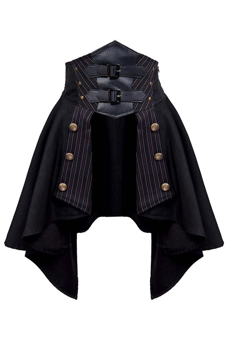 Black High Waisted Striped Print Button Leather Girdle Stitching Gothic Skirt - Product - 3