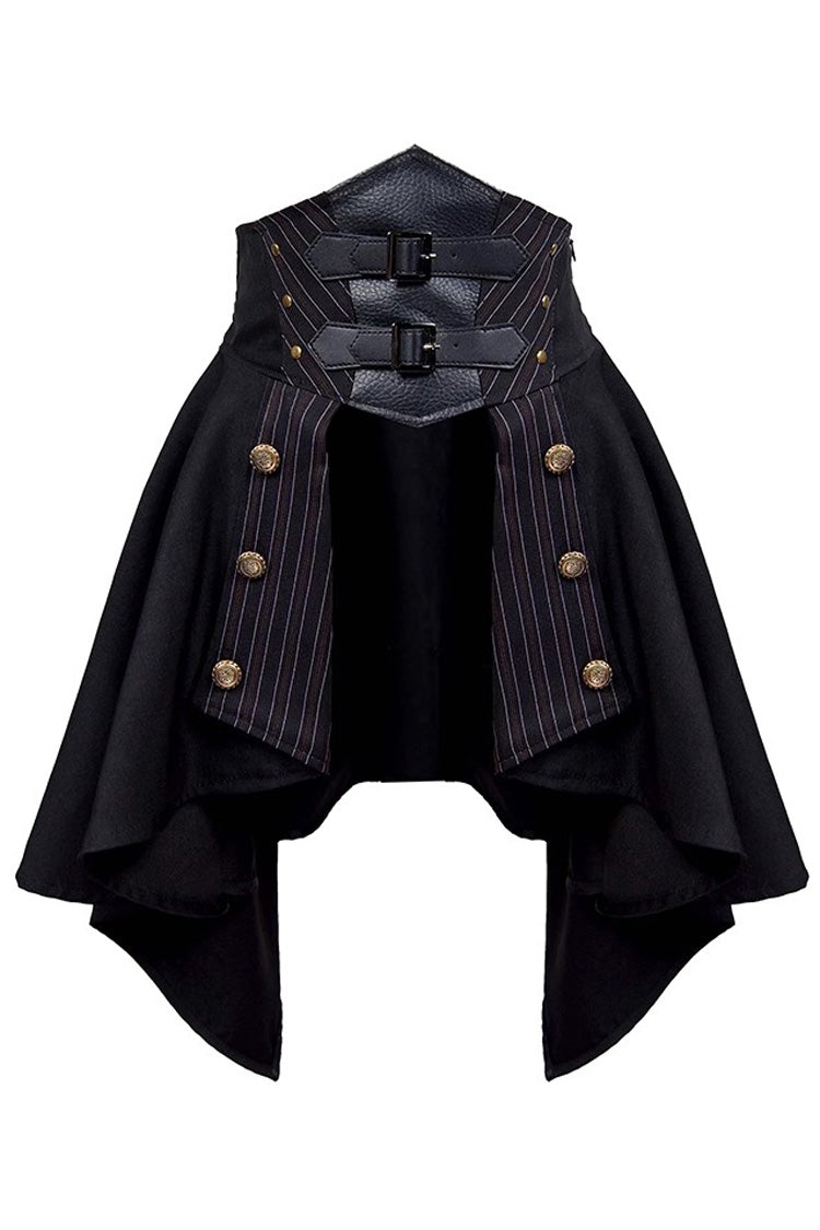 Black High Waisted Striped Print Button Leather Girdle Stitching Gothic Skirt - Product - 3