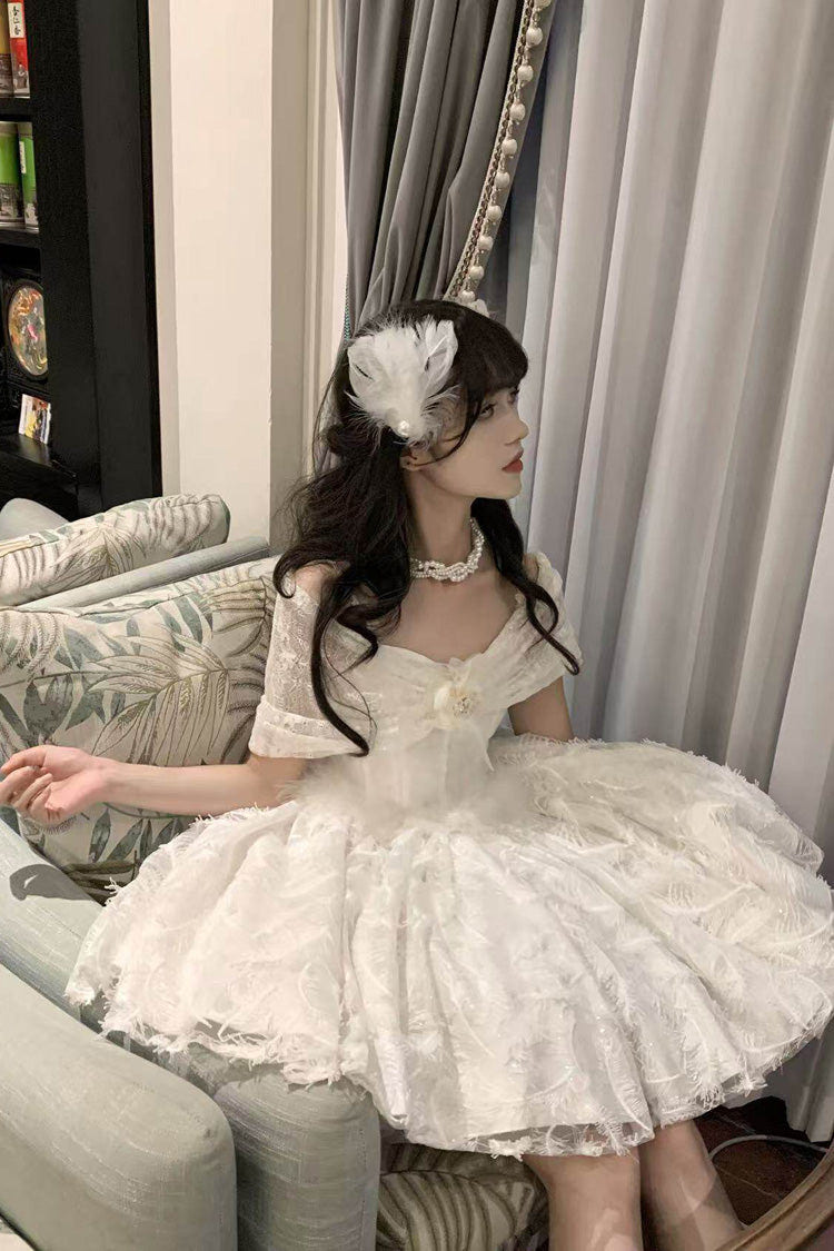 White [Moonlight] Off Shoulder Jacquard Embroidered Bow Gothic Lolita Jsk Short Dress - Product - 2