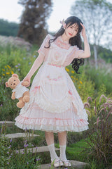 Pink Stand Collar Short Sleeves Ruffled Embroidered Lace Sweet Chinese Inspired Lolita Dress - Product - 3