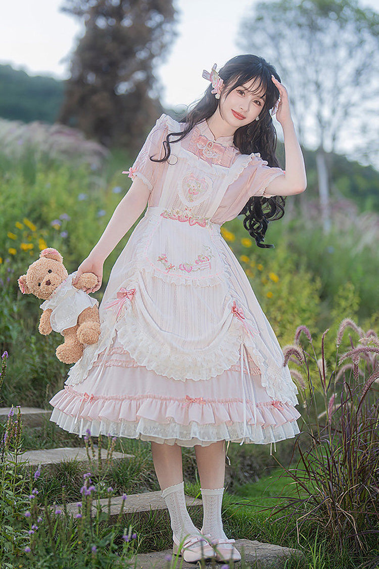 Pink Stand Collar Short Sleeves Ruffled Embroidered Lace Sweet Chinese Inspired Lolita Dress - Product - 3
