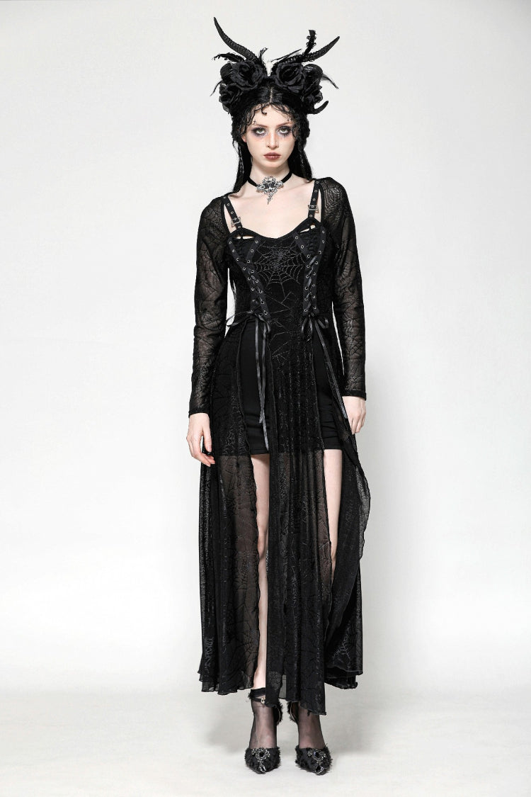 Black Long Sleeves Lace-Up Spiderweb Women's Gothic Elegant Witch Long Dress - Black - 1