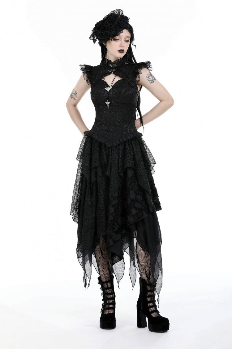Black Women's Gothic Punk Multi-Layered Irregular Handkerchief Hem Lace Skirt - Product - 10