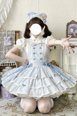 Light Blue Cotton Sleeveless Triple-Layered Printed Ruffled Bow Sweet Lolita Strap Dress - Product - 4