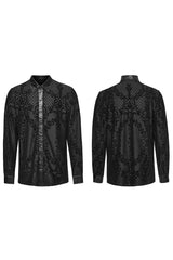 Black Floral Print Faux Leather Stitching Skull Button Decorated Mens Gothic Blouse - Product - 5