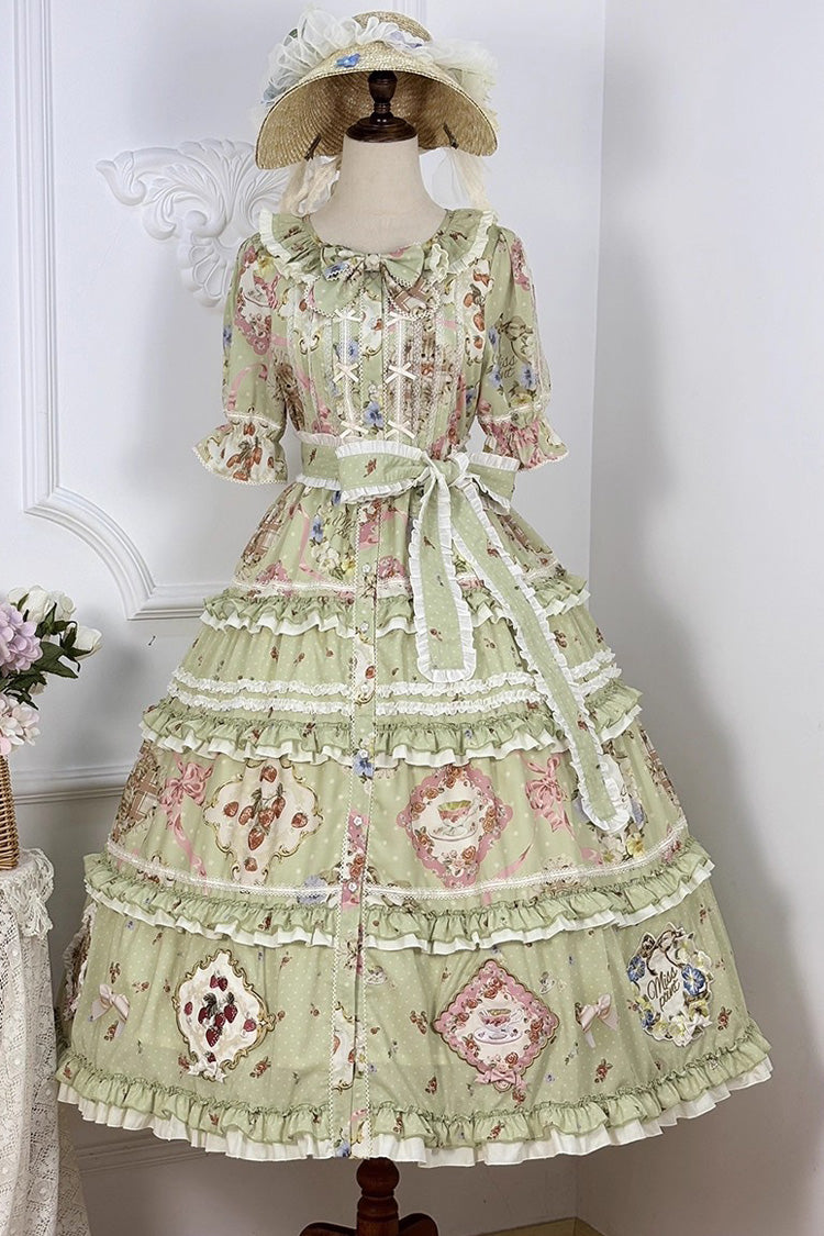 Green [Cat Rose Tea] Short Sleeves Print Ruffle Cardigan Bowknot Sweet Gorgeous Lolita Dress - Product - 5