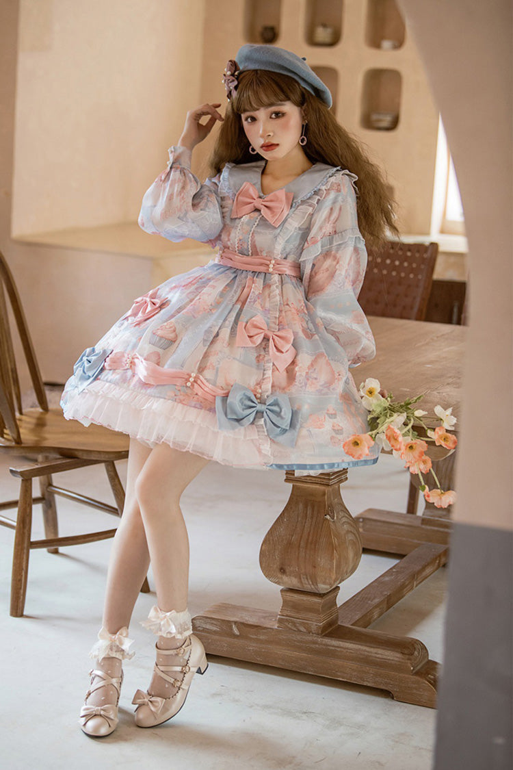 Pink/Blue Doll Collar Long Sleeves Rabbit Candy Paper Print High Waisted Sweet Lolita OP Dress - Product - 5