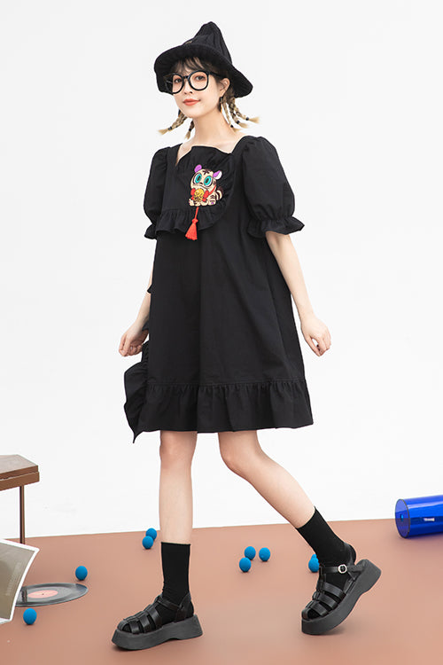 Black Ruffled Square Collar Cute Tiger Embroidered Bubble Short Sleeves High Waisted Sweet Lolita Dress - Product - 5