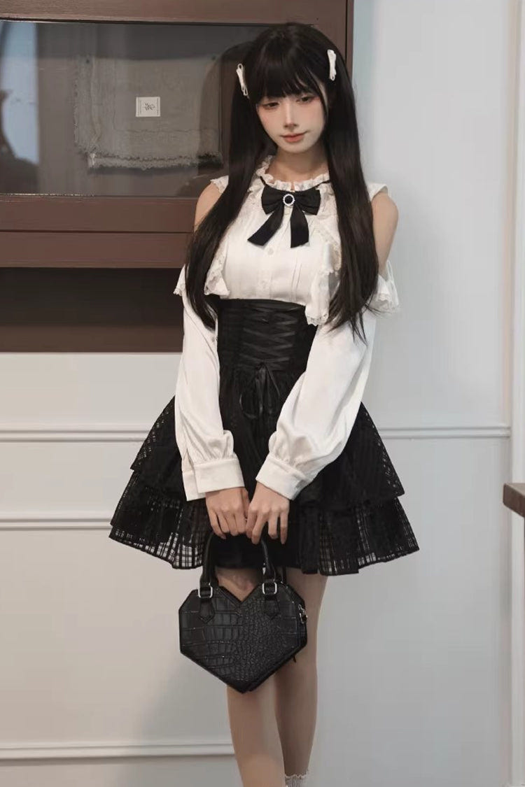Black/White Round Collar Double-Layered Cut-Out Bow Lace-Up Classic Jirai Kei Japanese Elegant Skirt Set - Product - 2