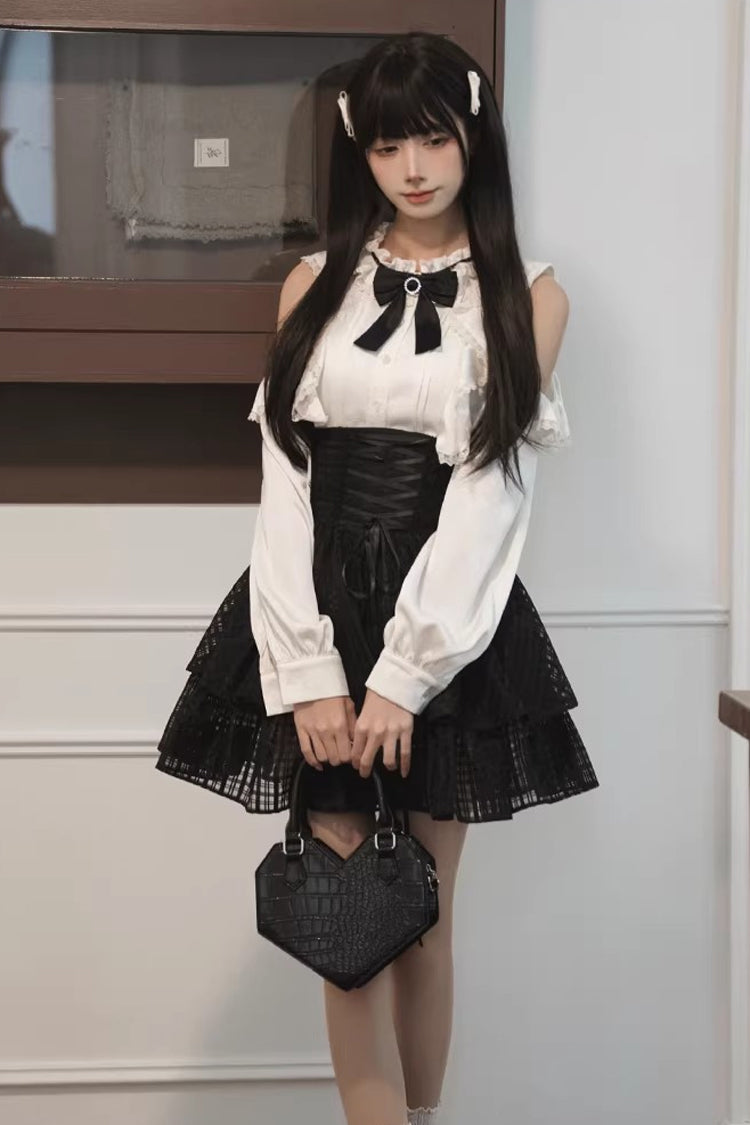 Black/White Round Collar Double-Layered Cut-Out Bow Lace-Up Classic Jirai Kei Japanese Elegant Skirt Set - Product - 2