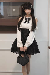 Black/White Round Collar Double-Layered Cut-Out Bow Lace-Up Classic Jirai Kei Japanese Elegant Skirt Set - Product - 2