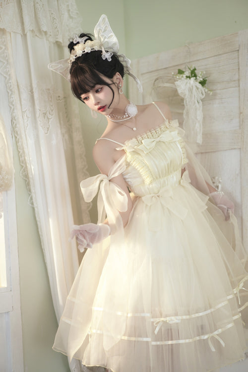 Beige Small Ballet High Waisted Bowknot Chiffon Long Version Sweet Lolita JSK Dress - Product - 3