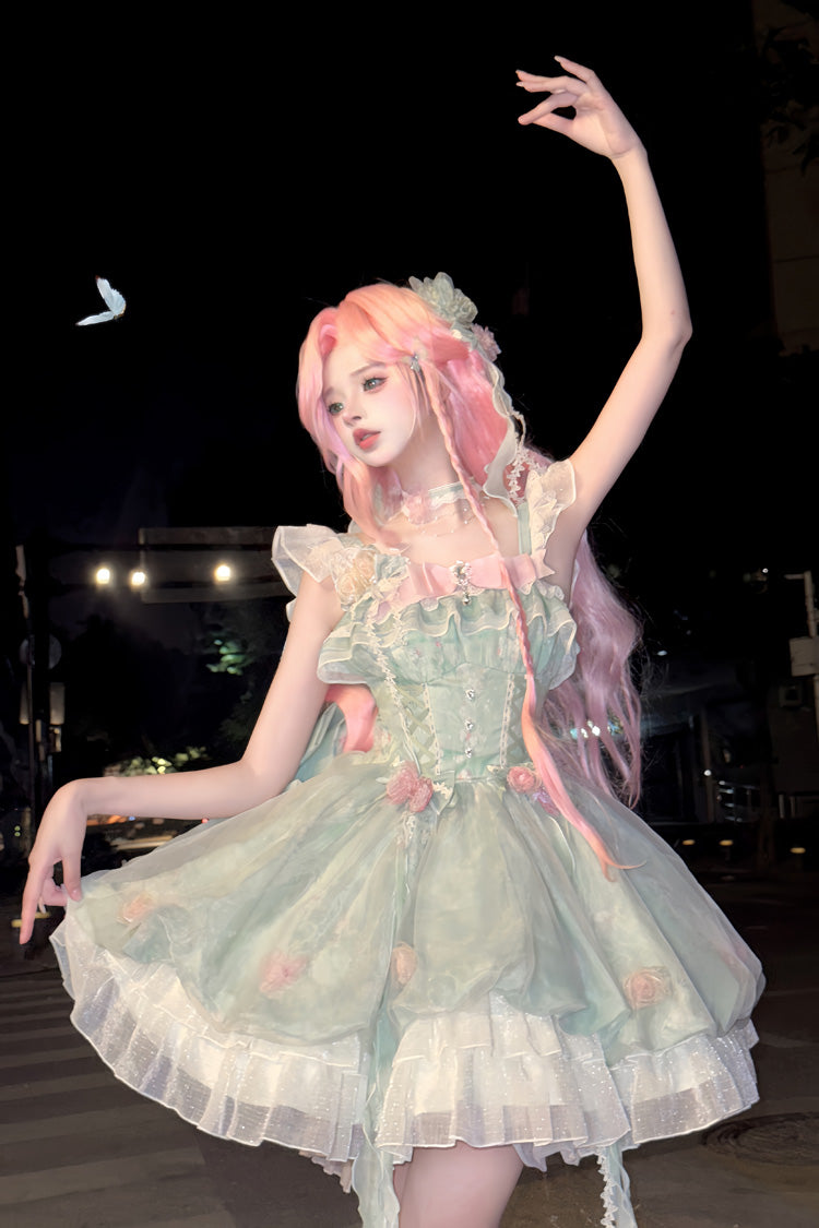 Green Flower Fairy Forest Garden Print Ruffle Bowknot Lace Sweet Lolita Dress - Product - 6
