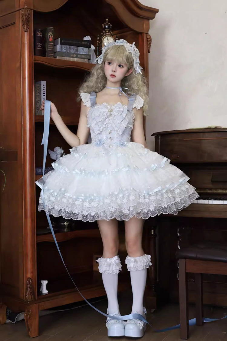 Blue [Rose Feather Waltz] Sleeveless Triple-Layered Ruffle Bowknot Lace Sweet Ballet Lolita Jsk Dress - Product - 2