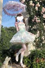 Green [Leiffu] Sleeveless Ruffle Bowknot Lace Lace-Up Sweet Ballet Lolita Jsk Dress - Product - 4