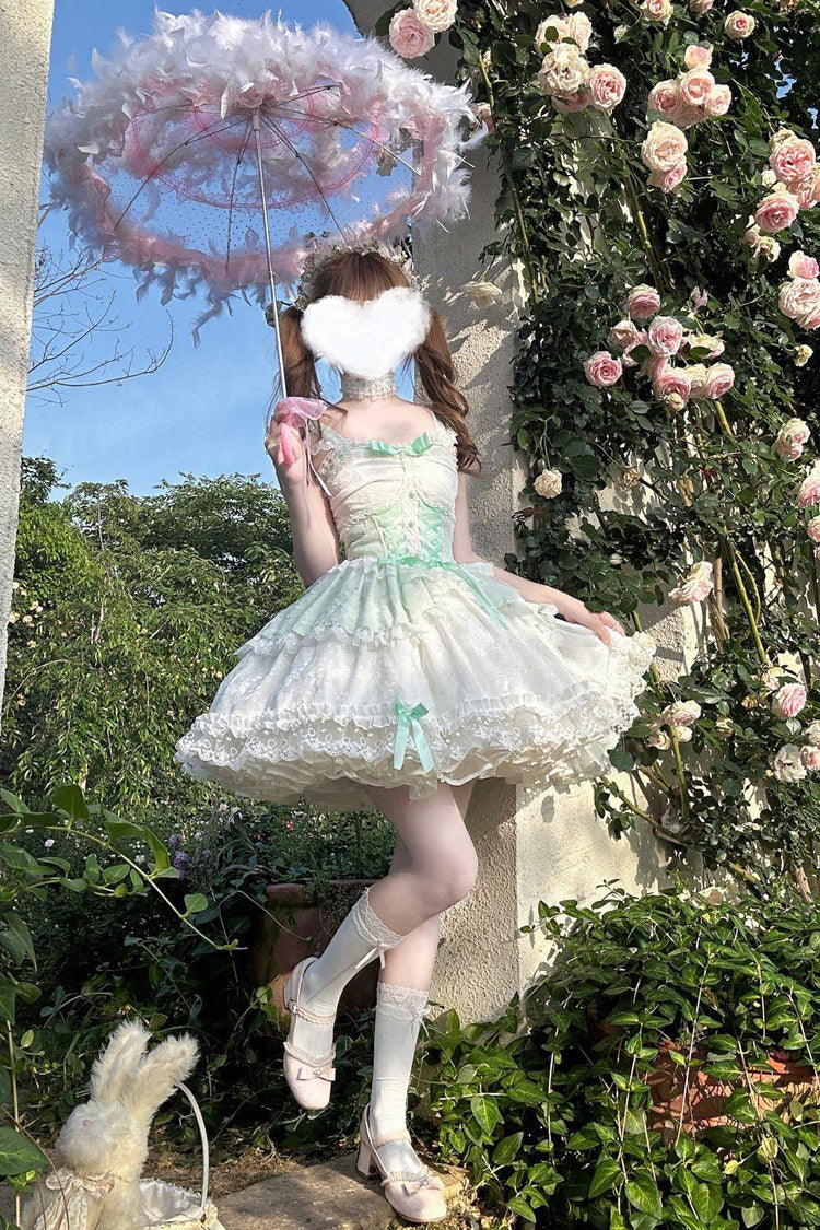 Green [Leiffu] Sleeveless Ruffle Bowknot Lace Lace-Up Sweet Ballet Lolita Jsk Dress - Product - 4