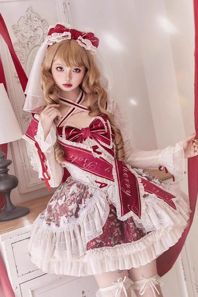レッド [Lilibet] プリント フリル カーディガン リボン レース ボーン入り スウィートロリータ ワンピース 商品画像