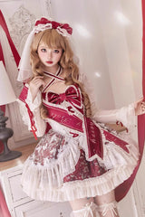 Red [Lilibet] Print Ruffle Cardigan Bowknot Lace Fishbone Sweet Lolita Dress - Red - 1