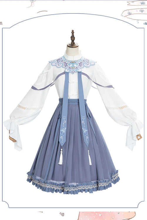 White/Blue Chinese Style Hollow Long Sleeve Classic Lolita Dress Full Set - Product - 5