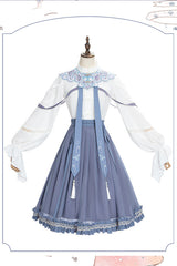 White/Blue Chinese Style Hollow Long Sleeve Classic Lolita Dress Full Set - Product - 5