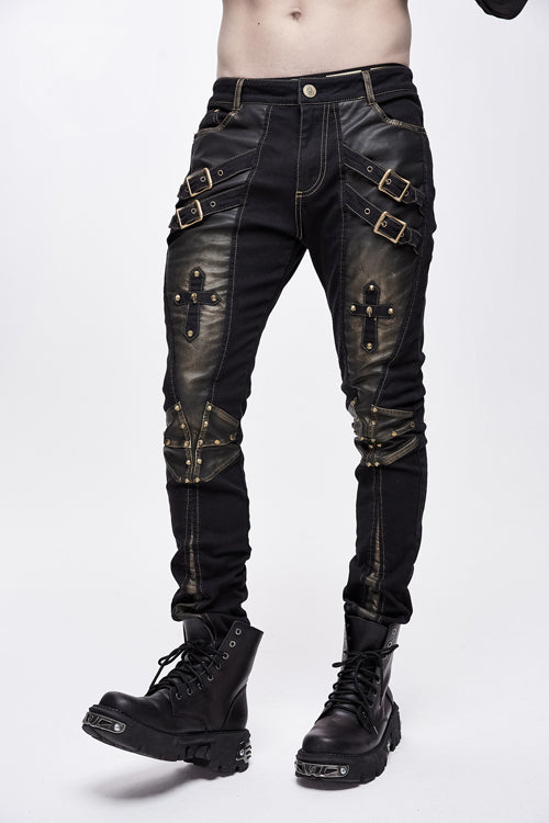 Punk Rock Bronze Fitted Leather Cross Mens Pants - Product - 2